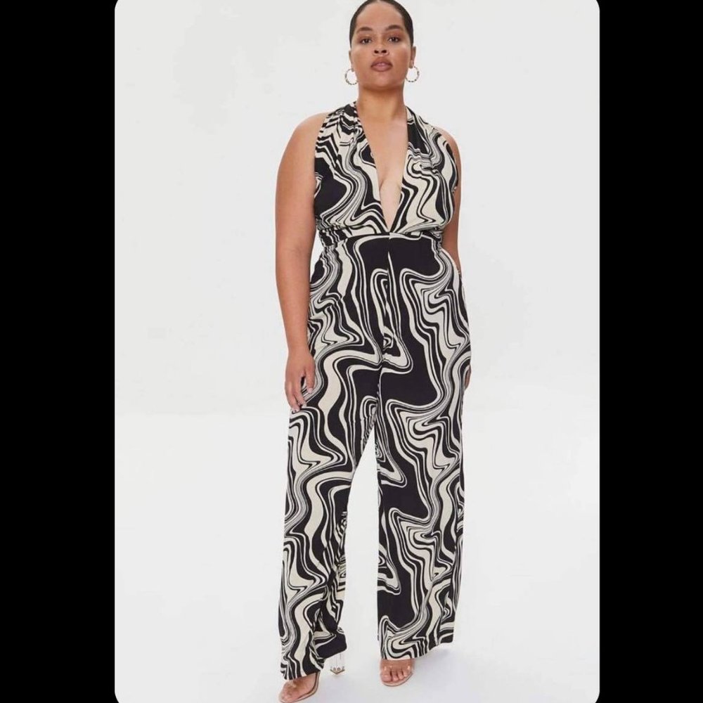 NEW Forever 21 Plus Size Black Marble Print Halter Jumpsuit plus Sz 3X